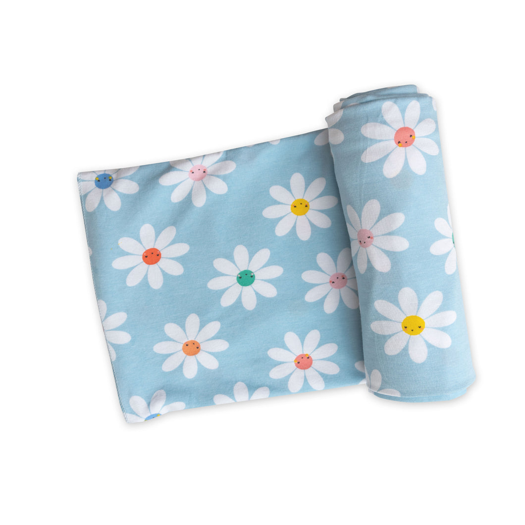 Daisy Faces/ Blue Swaddle Blanket