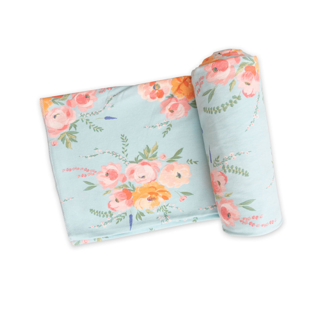 Peonies/Blue Swaddle Blanket