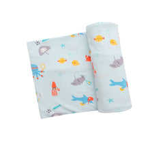 Load image into Gallery viewer, Sports Sea Creatures/ Blue Swaddle  Blanket