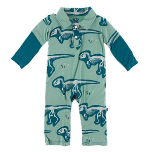 Print Long Sleeve Double Layer Polo Romper Shore T-Rex Dig