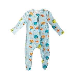 Football/Blue 2 Way Ruffle Zipper  Footie