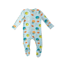 Load image into Gallery viewer, Football/Blue 2 Way Ruffle Zipper  Footie
