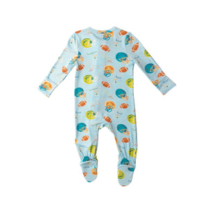 Football/Blue 2 Way Ruffle Zipper  Footie