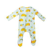 Load image into Gallery viewer, Tacos/Blue 2 Way Ruffle Zipper Footie