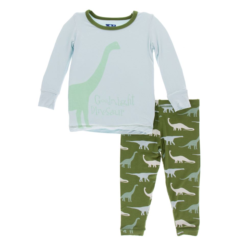 Print Long Sleeve Pajama Set - Moss Goodnight Dinosaur