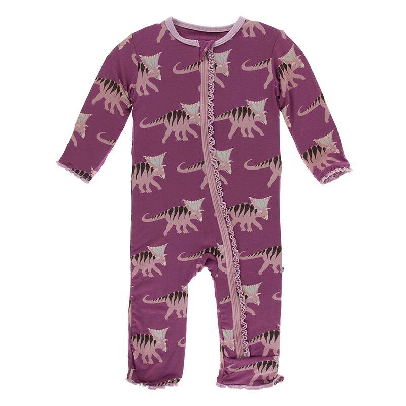 Print Muffin Ruffle Coverall with Zipper - Amethyst Kosmoceratops