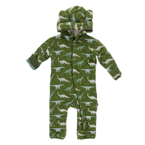 Print Quilted Hoodie Coverall with Sherpa - Lined Hood - Moss Sauropods with Paleontology Fauna Stripe