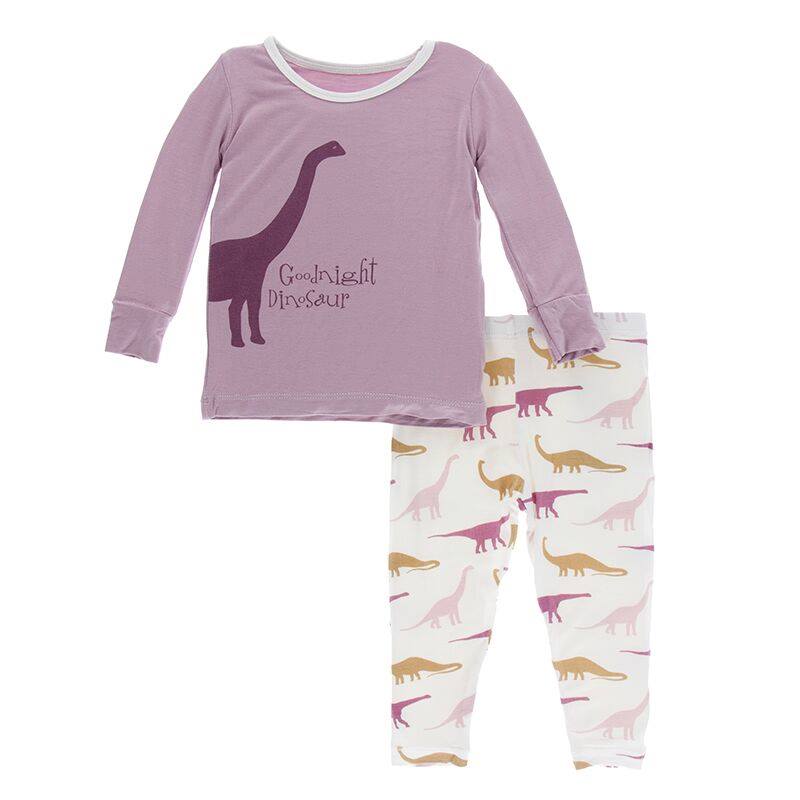 Print Long Sleeve Pajama Set - Natural Goodnight Dinosaur