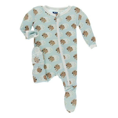 Print Footie with Zipper - Spring Sky Diictodon