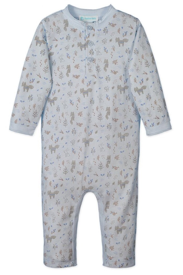 Button Henley Romper - Foxes & Bunnies on Baby Blue
