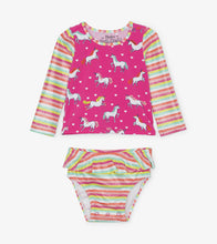 Load image into Gallery viewer, Prancing Unicorns Baby Rashguard Set - Pink Yarrow