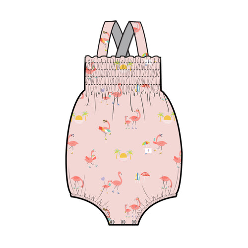Boardwalk Flamingos/Pink Smocked  Sunsuit