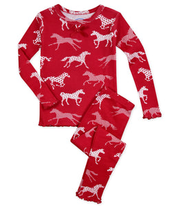 Girls Snug Fit PJ Red Pattern Horse