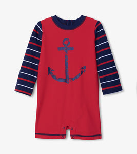 Nautical Anchor Baby One-Piece Rashguard - Scarlet