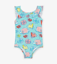 Load image into Gallery viewer, Colourful Fishies Ruffle Sleeve Swimsuit - Blue Radiance