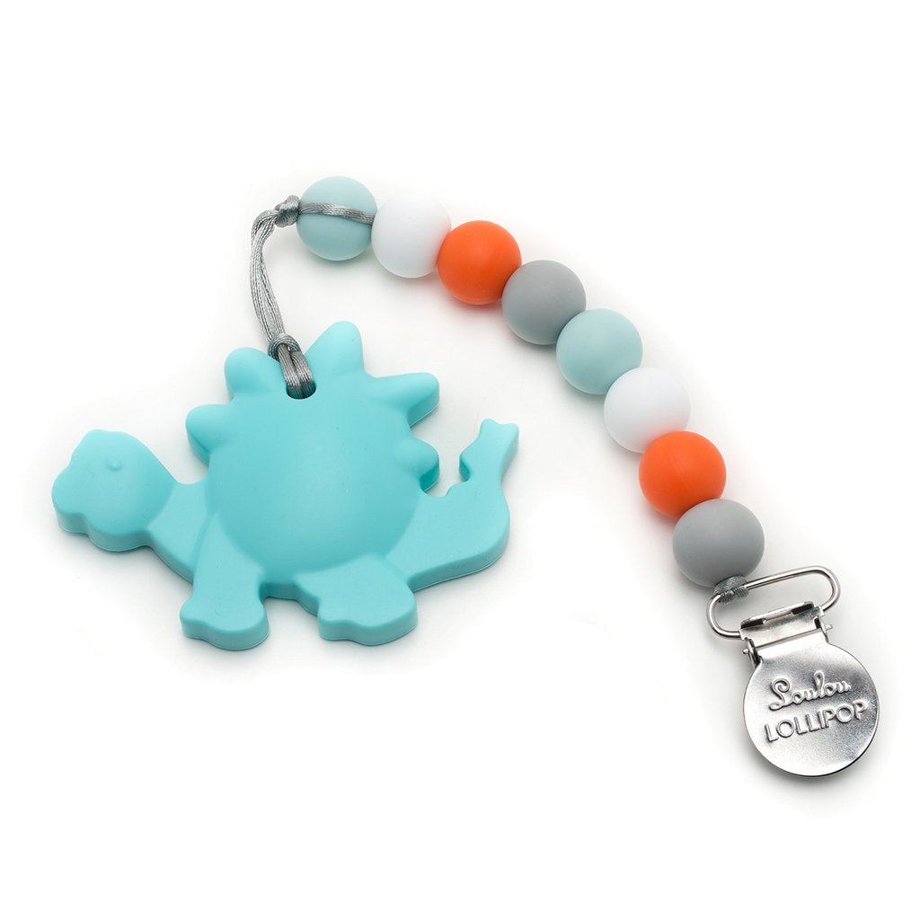 Aqua Dinosaur Silicone Teether with Holder Set