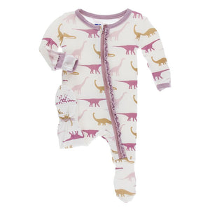 Print Muffin Ruffle Footie with Zipper - Natural Sauropods