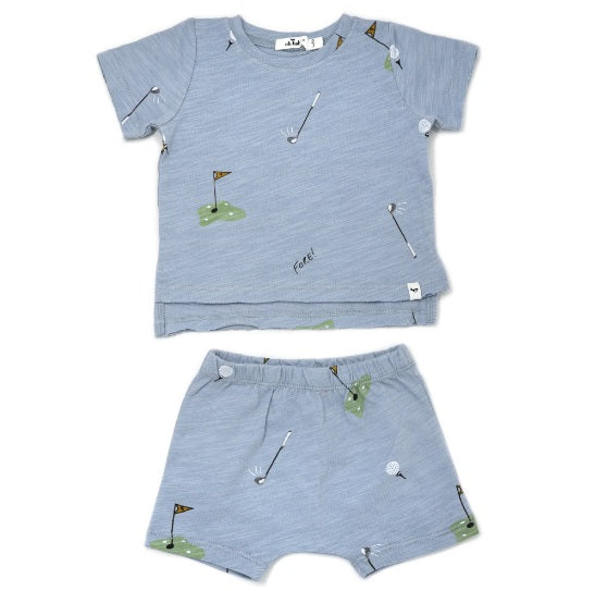 oh baby! Golf Print Slub Raw Edge Tee - Short Set-Fog