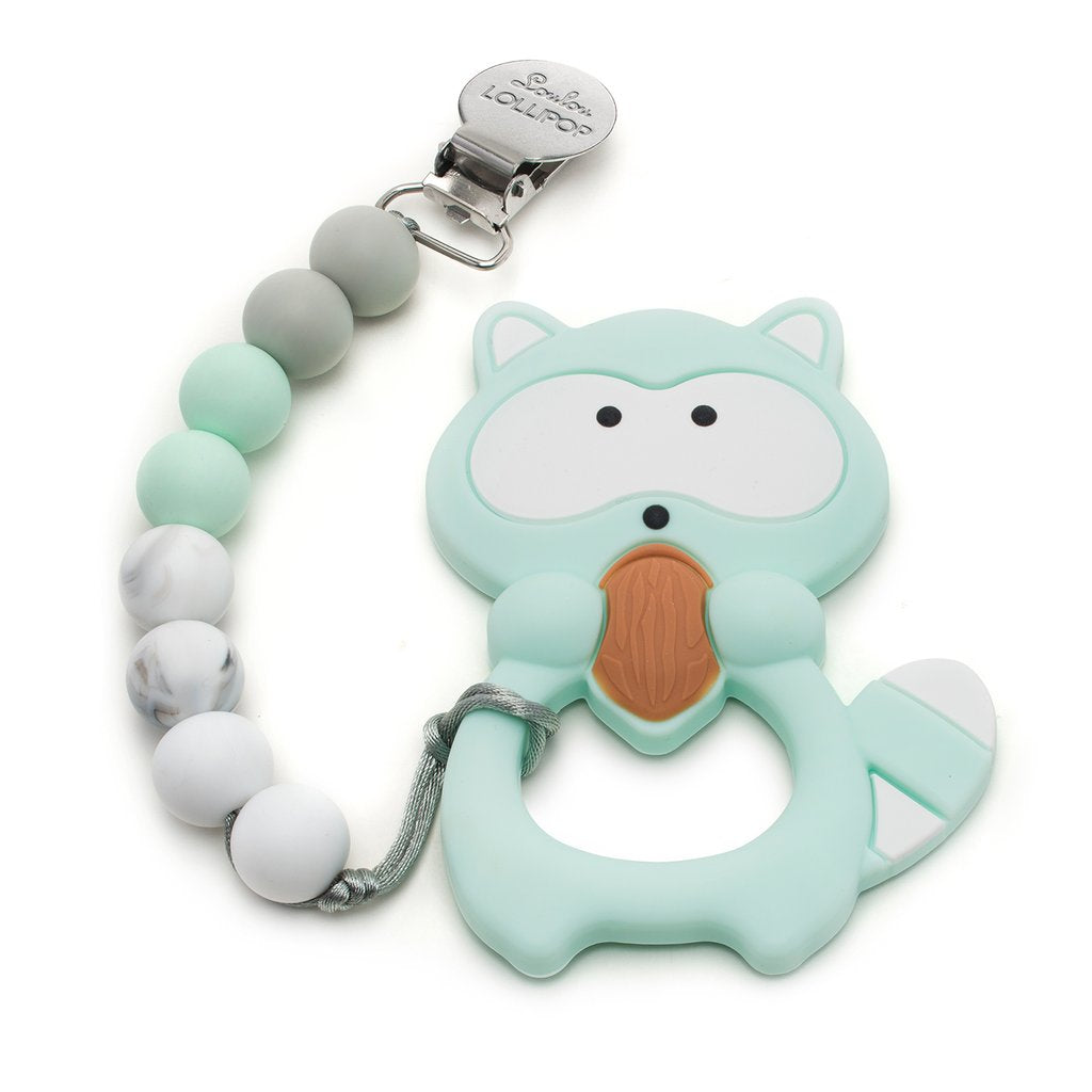 Raccoon Mint Silicone Teether Holder Set