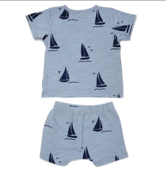 oh baby! Navy Sailboat Slub Raw Edge - Tee Short Set-Fog