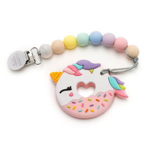 Pink Unicorn Donut Silicone Teether Holder Set - Cotton Candy