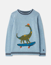 Load image into Gallery viewer, Zany Intarsia Knit Sweater - Blue Skateboarding Dino