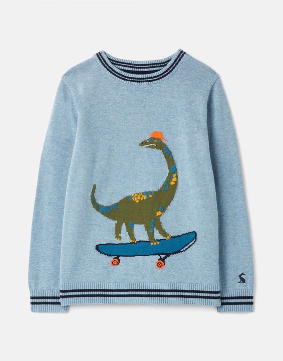 Zany Intarsia Knit Sweater - Blue Skateboarding Dino