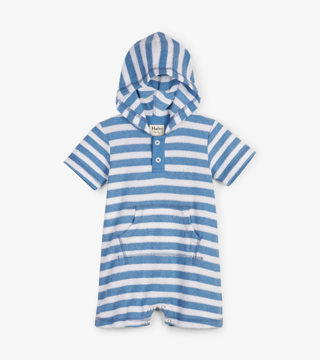 Blue Stripes Hooded Baby Terry Romper