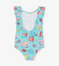 Load image into Gallery viewer, Colourful Fishies Ruffle Sleeve Swimsuit - Blue Radiance