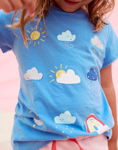 Pixie Short Sleeve Screenprint Artwork T‐Shirt - Blue Weather Icons