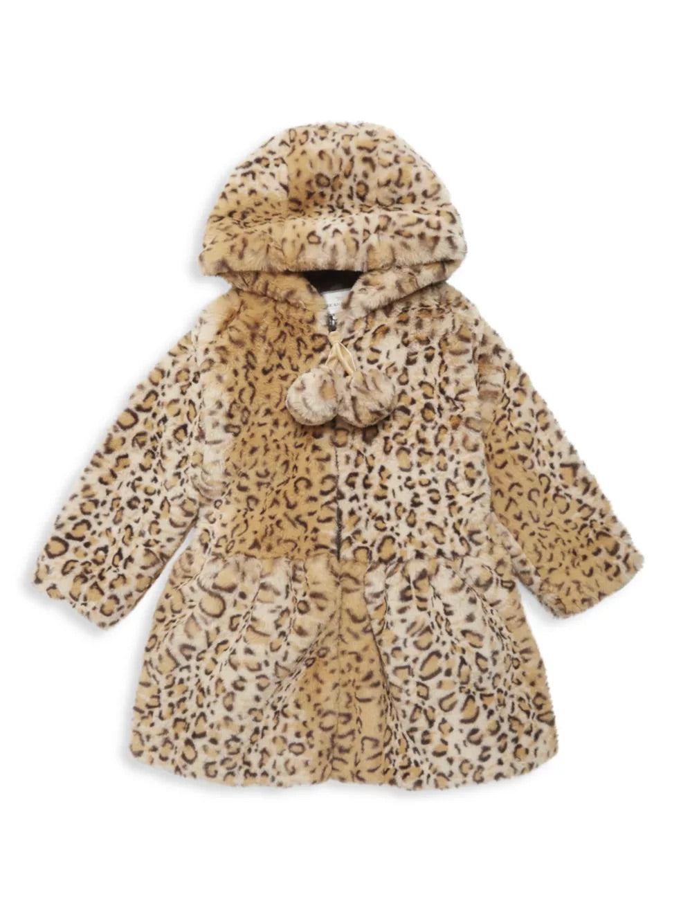 Hooded Zip Front Pompom Coat Caramel Leopard