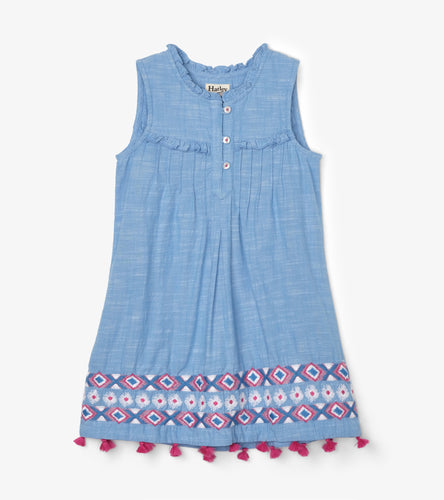 Chambray Floral Pin Tuck Dress - Bonnie Blue