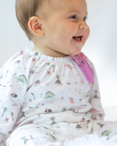 Bow Romper - Dinosaurs on White