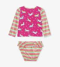 Load image into Gallery viewer, Prancing Unicorns Baby Rashguard Set - Pink Yarrow