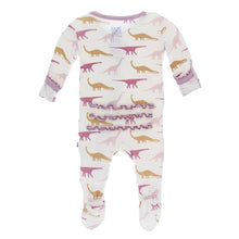 Load image into Gallery viewer, Print Muffin Ruffle Footie with Zipper - Natural Sauropods