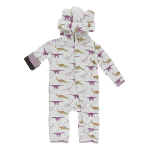 Print Quilted Hoodie Coverall with Sherpa - Lined Hood - Natural Sauropods with Paleontology Flora Stripe