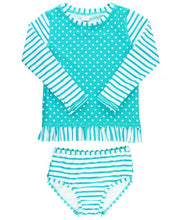 Load image into Gallery viewer, Aqua Striped Polka Long Sleeve Rash Guard Bikini