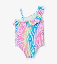 Load image into Gallery viewer, Rainbow Zebra One Shoulder Ruffle Swimsuit - White