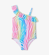 Load image into Gallery viewer, Rainbow Zebra One Shoulder Ruffle Swimsuit - White