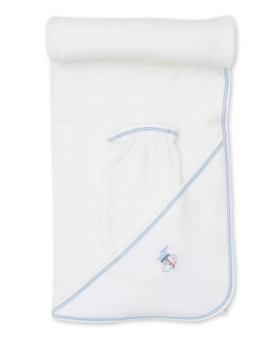 Boats at Sea Hooded Towel w/ Mitt Set - White/Blue